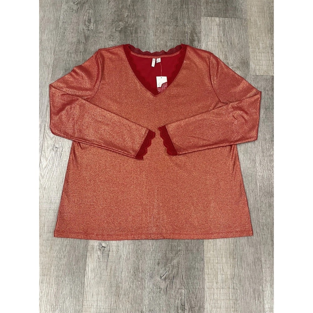 Cato NWT Women Red Sparkly Long Sleeve Top S~XL Stretchy Trendy Fashionable